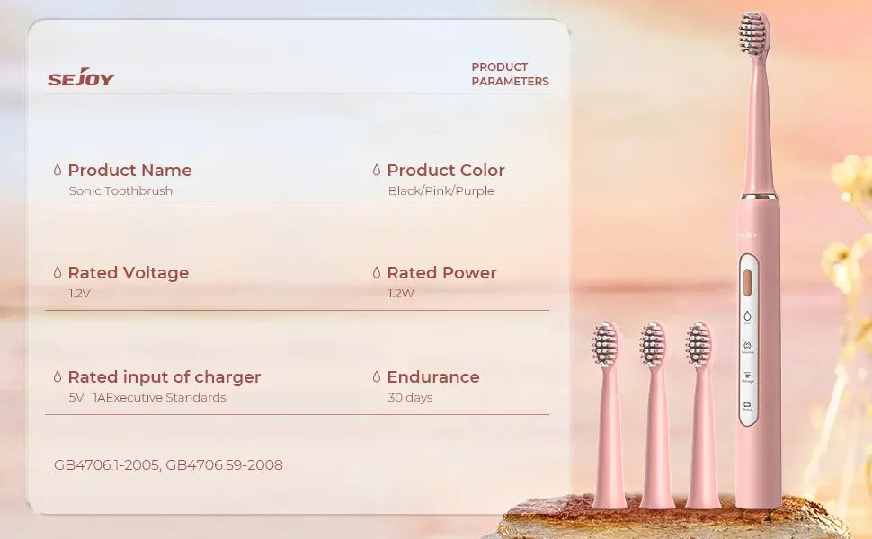 SEJOY Electric Sonic Tooth Brush for Adult USB Rechargeable Electric Toothbrush Washable with 7 pcs Replacement Heads