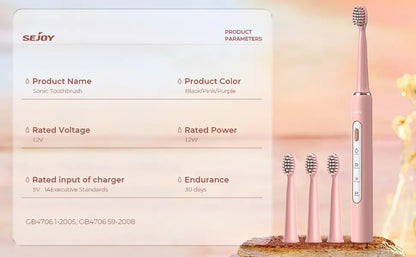 SEJOY Electric Sonic Tooth Brush for Adult USB Rechargeable Electric Toothbrush Washable with 7 pcs Replacement Heads
