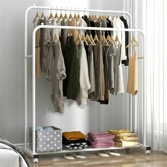 Super Strong Metal Clothing Garment Rack Cloth Hanger Display Rack Stand with Wheel and Storage Two Top Rod