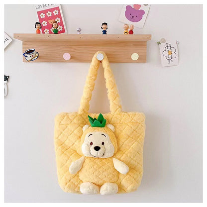 Disney 2025 New Cartoon Plush Doll Shoulder Bag Sweet and Cute Stitch Strawberry Bear Soft Cute Girls Handbag