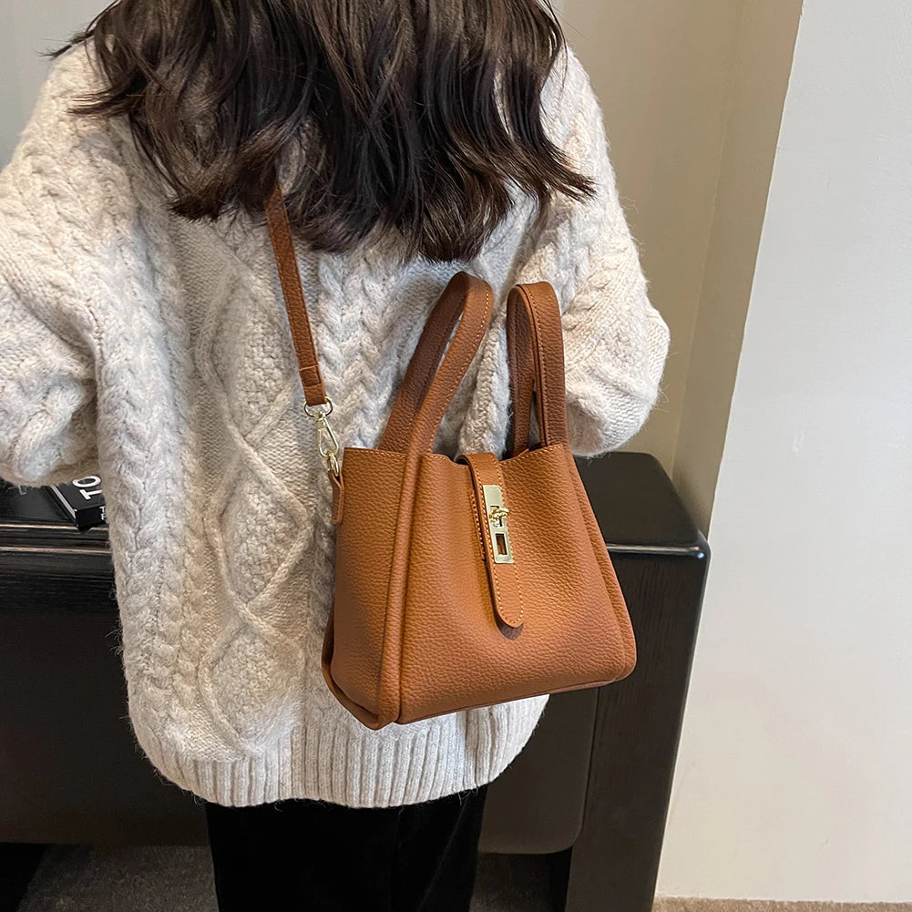 Luxury PU Leather Bucket Bag for Women Large Capacity Handbag with Inner Bag Double Handle Magnetic Closure Shoulder Bag Satchel