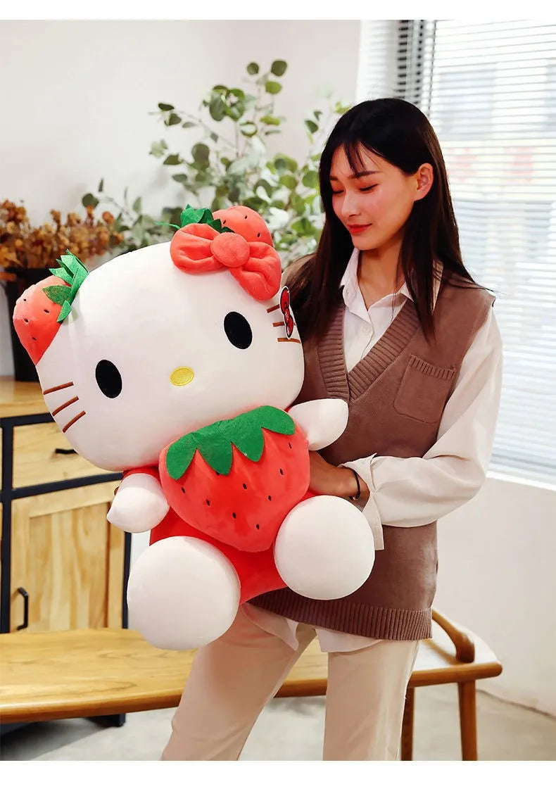 Kawaii Sanrio Hello Kitty Plush Stuffed Toy Strawberry KT Cat Pillow Doll Children's Birthday Gift Home Decoration Animal Doll