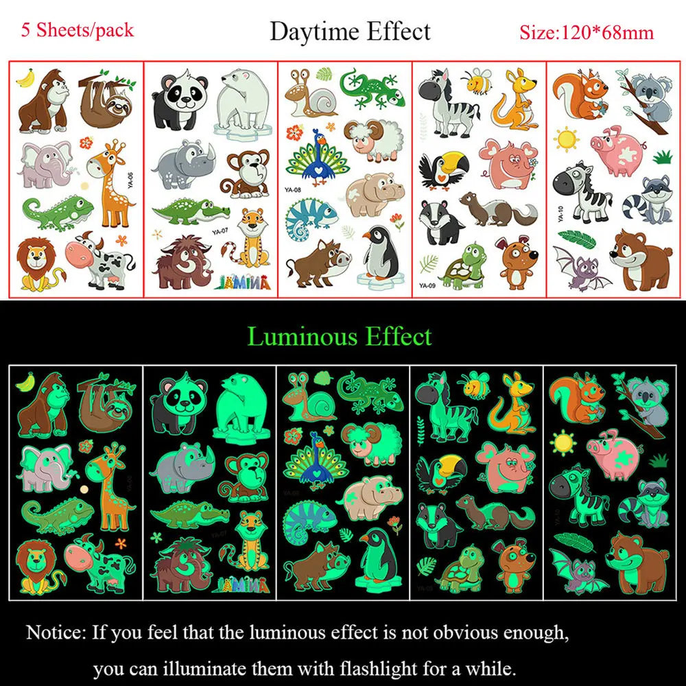 5 Sheets Luminous Tattoo Stickers Colorful Animal Mermaid Dinosaur Temporary Tattoos for Hand  Body Fake Tattoo Waterproof