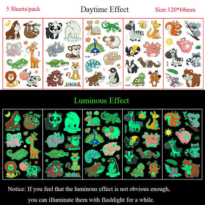 5 Sheets Luminous Tattoo Stickers Colorful Animal Mermaid Dinosaur Temporary Tattoos for Hand  Body Fake Tattoo Waterproof