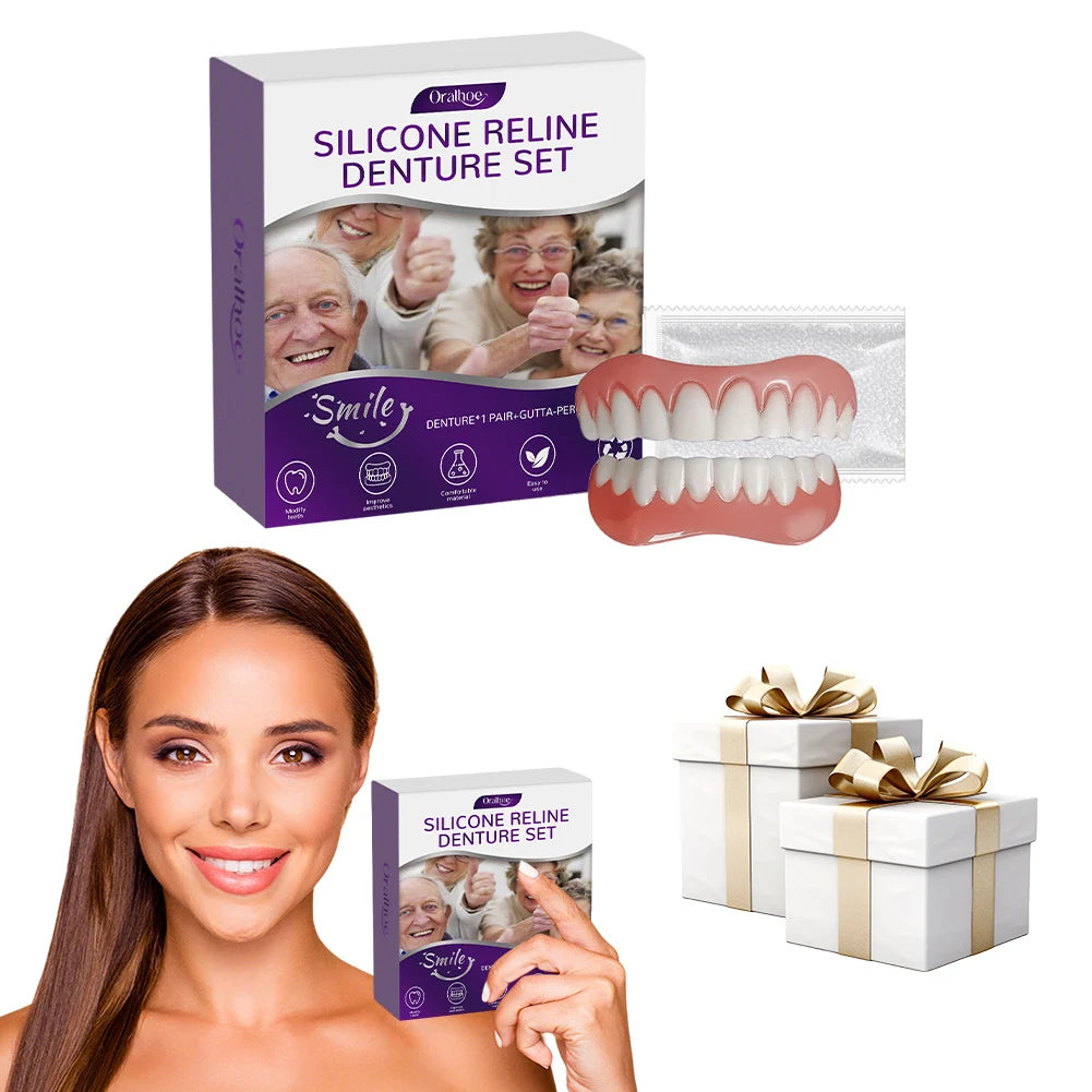 Silicone Reline Denture Set Wear-Resistant Soft Dentures False Teeth Non-Toxic Teeth Upper and Lower Set for Men Women