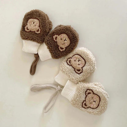 Lamb Fleece Baby Plush Mittens Cute Bear Kids Hanging Neck Glove 1-4Year Boy Girl Children Winter Full Finger Gloves Hand Warmer