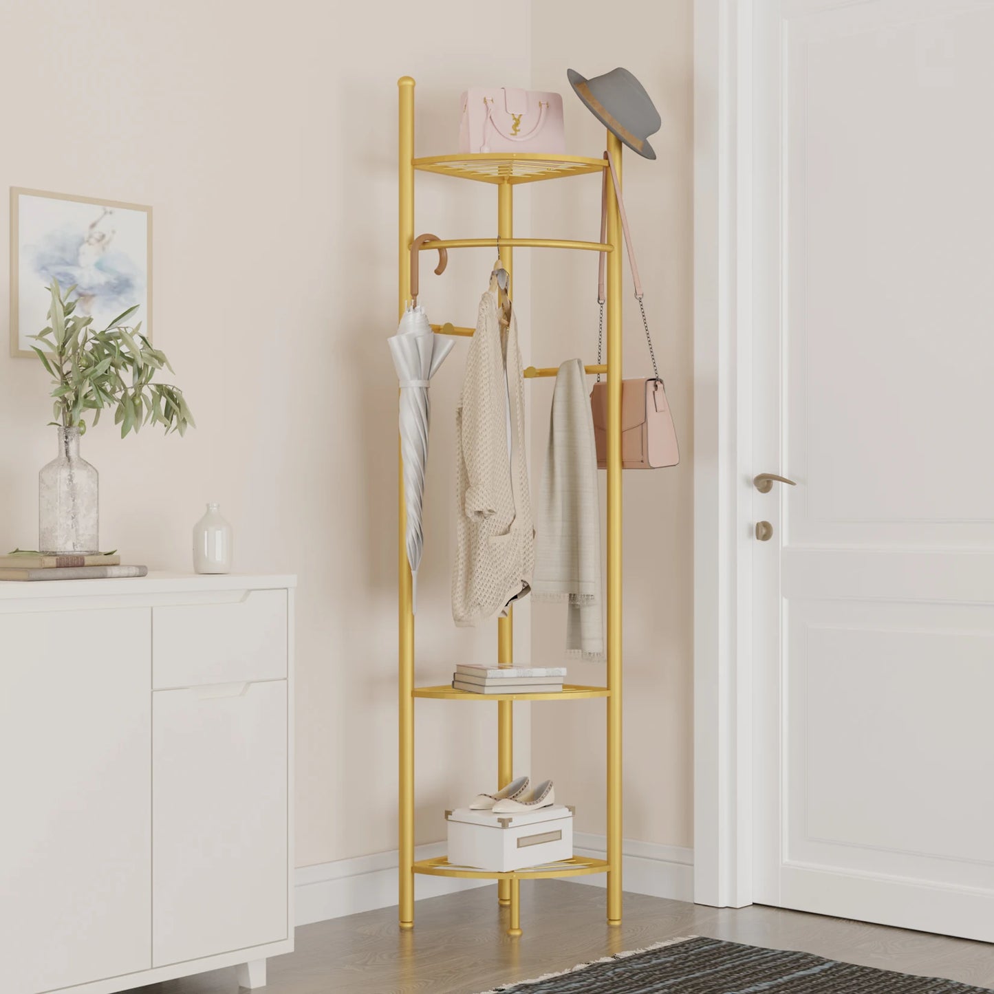 Freestanding Coat Rack with Shelve, Heavy Duty Corner Clothes, Hat Clothes Hall, Tree Stand, Gold Metal, Bedroom, Hallway