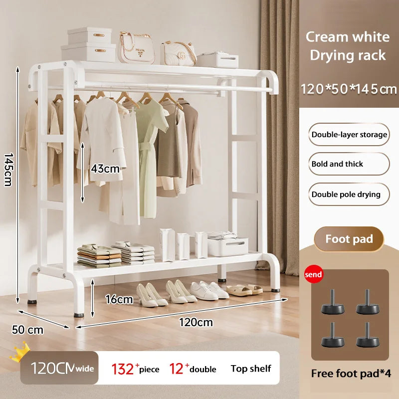 Movable Coat Rack With Universal Wheels Multifunctional Double-deck Simple Clothes Hanger Floor-Standing Bedroom Wardrobe