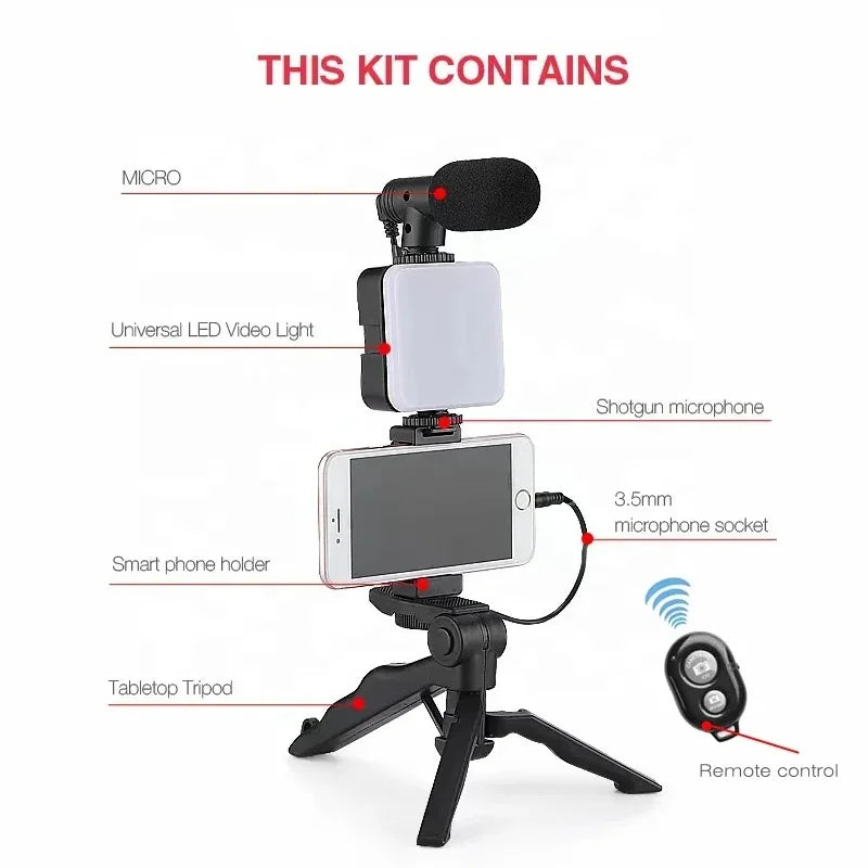Phone Vlogging Starter Kit: Tripod, Holder, Mini Microphone, LED Light for TikTok Live & YouTube