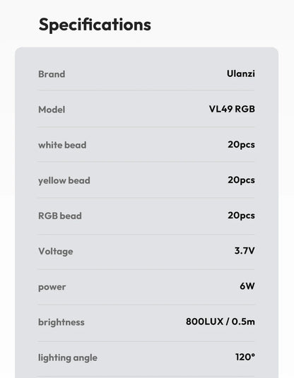 Ulanzi VL49 RGB Camera Light LED Video 2500K-9000K 800LUX Magnetic Mini Fill Light 3 Cold Shoe 2000mAh Type-C for Youtube
