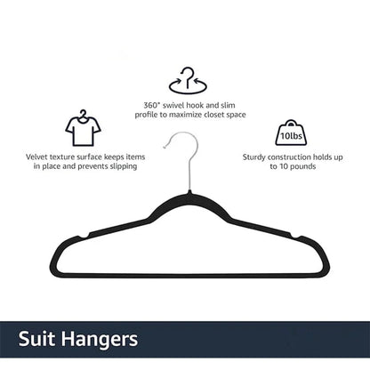 Non-Slip Suit Hanger, Velvet Prevents Movement and Slippage, Slim and Durable, Maximizes Wardrobe Space, Black/Gray - Pack of 20
