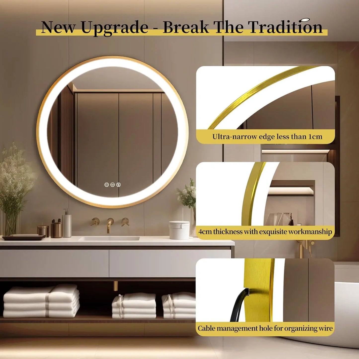 Bathroom Mirror with LED 60/80cm Round Illuminated Wall Mirror Aluminum Gold Frame Anti-fog 3 Lighting Color Memory Function
