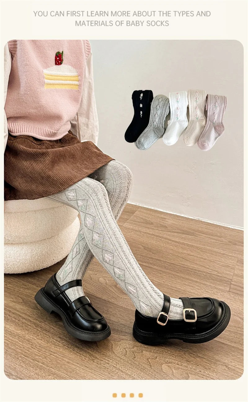 1-12Years Kids Autumn Elastic Tights Jacquard Soft Teenager Leggings Girls Knit Cotton Pantyhose Sweet Cute Baby Bottom Clothes