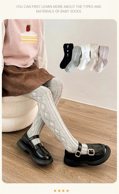 1-12Years Kids Autumn Elastic Tights Jacquard Soft Teenager Leggings Girls Knit Cotton Pantyhose Sweet Cute Baby Bottom Clothes