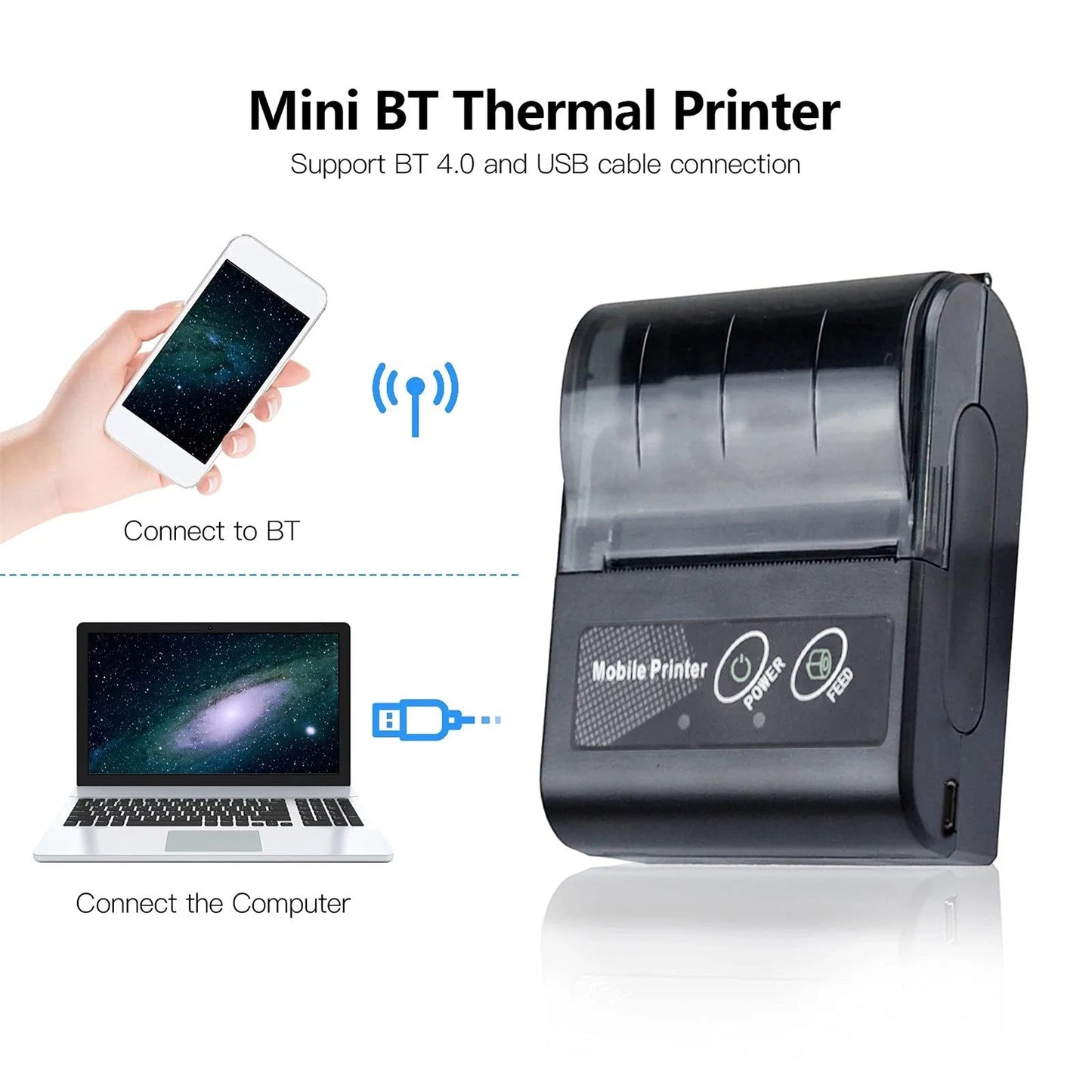 58mm Portable Mini Printer Thermal Label Printer Wireless Receipt Bluetooth Pocket Printer For Small Business/ Computers Printer