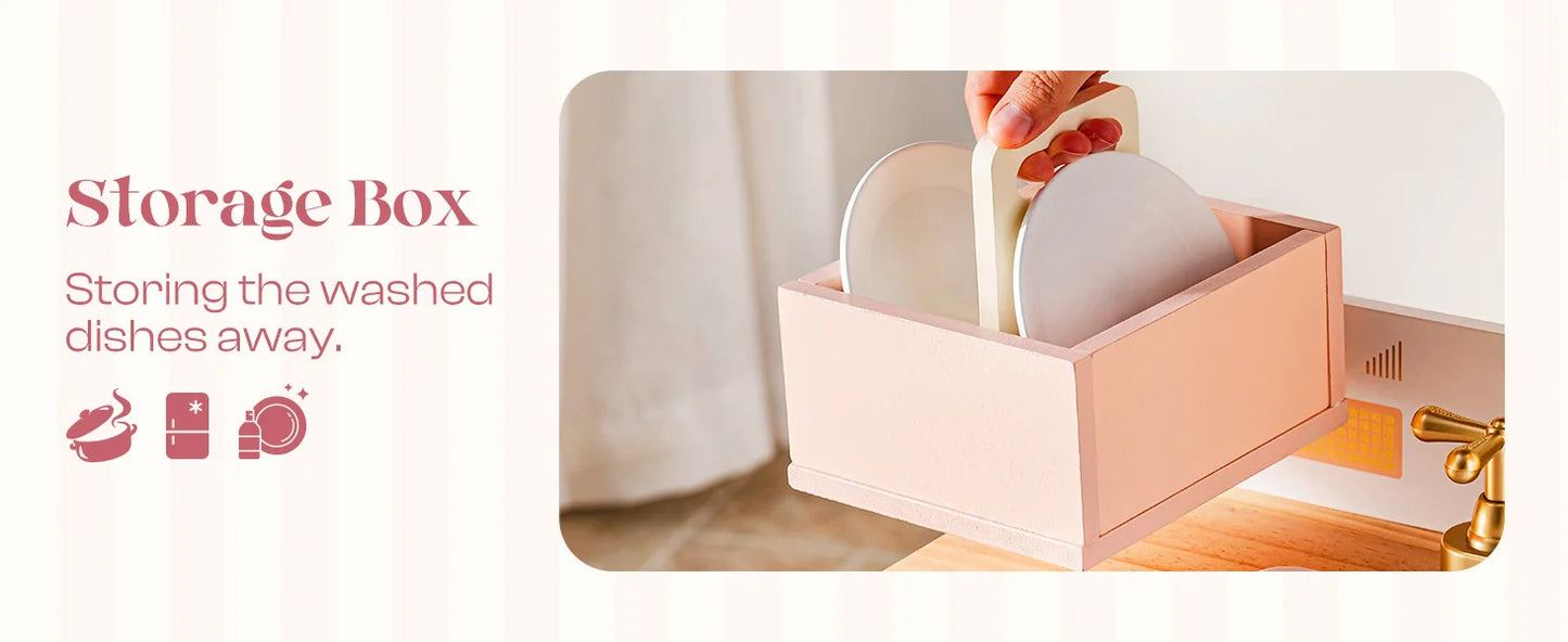 Robotime Robud Kids Corner Kitchen Playset Wooden Play Kitchen Set with Realistic Sound Pretend Play Gift for Boys Girls Pink