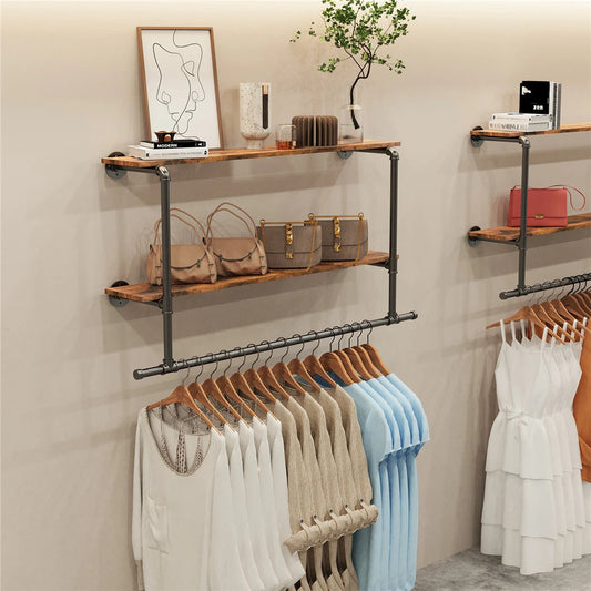 Heavy Duty Pipe Clothing Rack, Wall Mounted Garment Display Rack, 2Tiers Open Shelves, Large Closet
