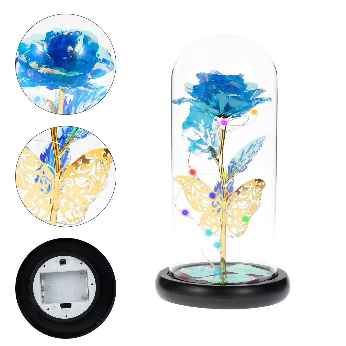Pretty LED Light Up Flowers In Glass Dome, Rose With Fluttering Butterflies Gift