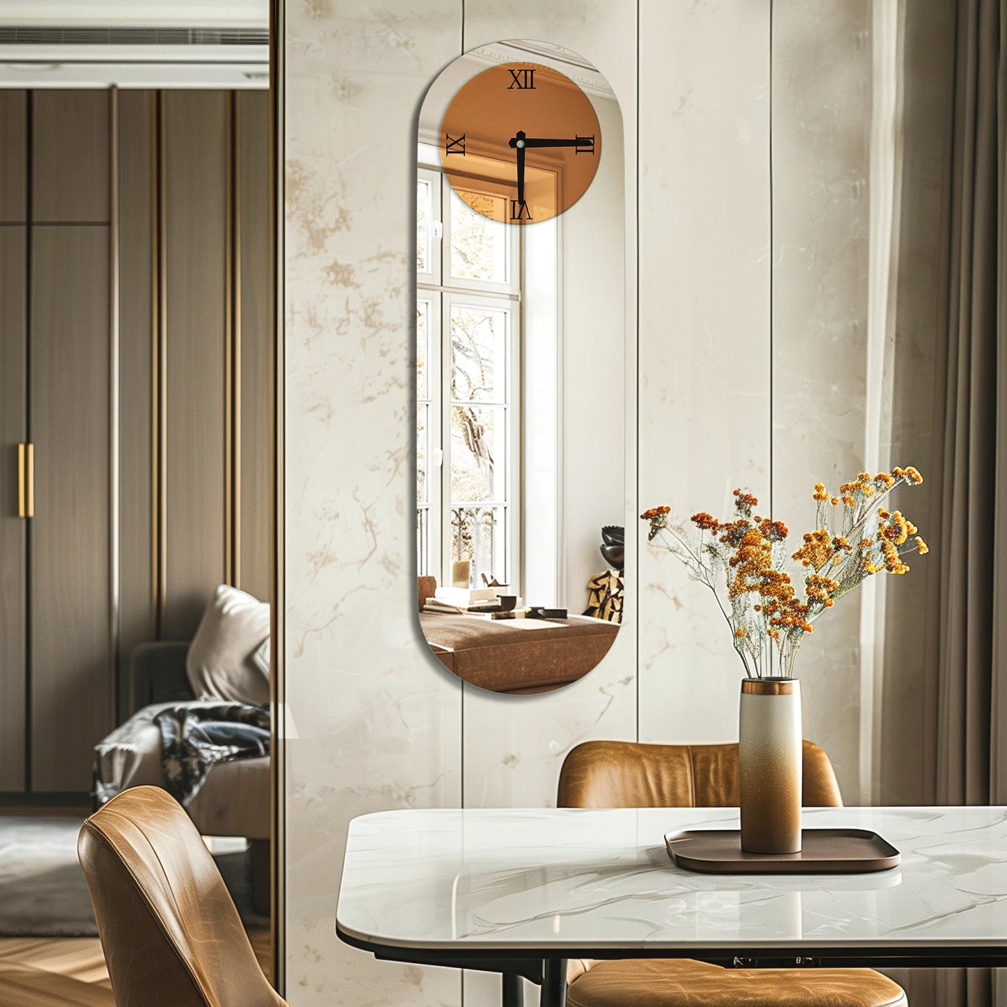 Long Oblong Brown Tinted Wall Clock with Silver Mirrored Modern Decorative Clock Roman Numerals for Living Room