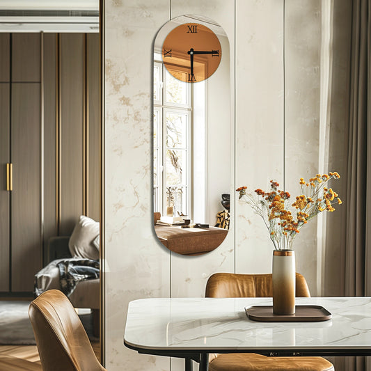 Long Oblong Brown Tinted Wall Clock with Silver Mirrored Modern Decorative Clock Roman Numerals for Living Room