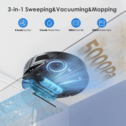 Lubluelu L15 Robot Vacuum And Mop Combo 5000Pa, Robot Vacuum, Auto-Charging, 5 Maps, 30 No-go Zones, 3 In 1 Robot Vacuum Cleaner