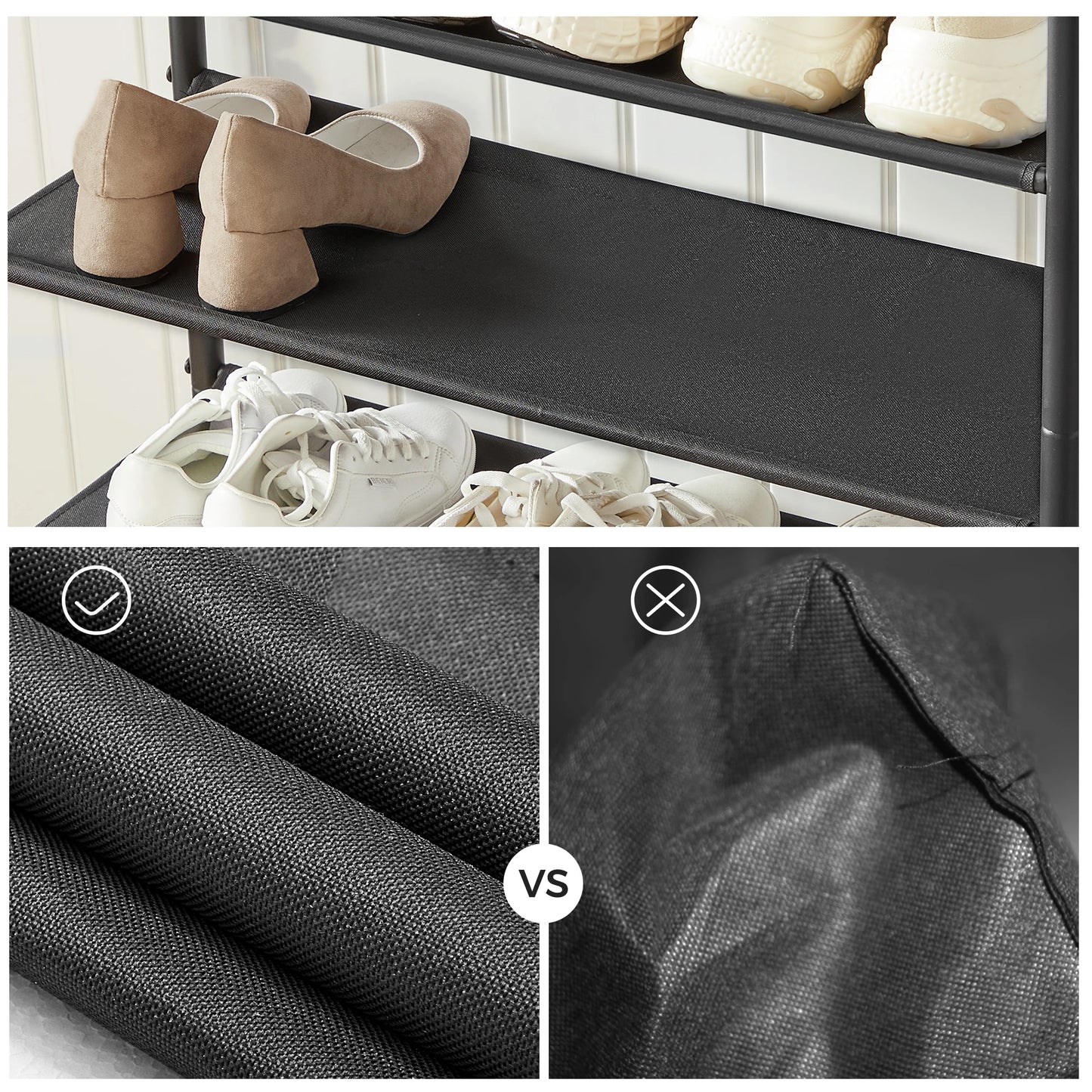 VASAGLE Shoe Rack 4 Tier, Narrow Shoe Storage Organiser, with 3 Fabric Shelves and Top for Bags, Steel Frame