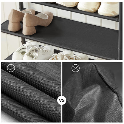VASAGLE Shoe Rack 4 Tier, Narrow Shoe Storage Organiser, with 3 Fabric Shelves and Top for Bags, Steel Frame