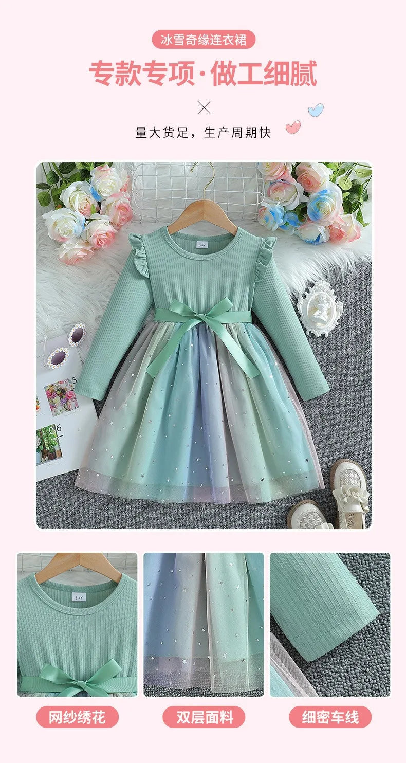Girls Dress Blue Autumn Princess Dress Kids Clothes Birthday Party Dress Pink Long-sleeved for Children Fashion Rainbow 1-6Y