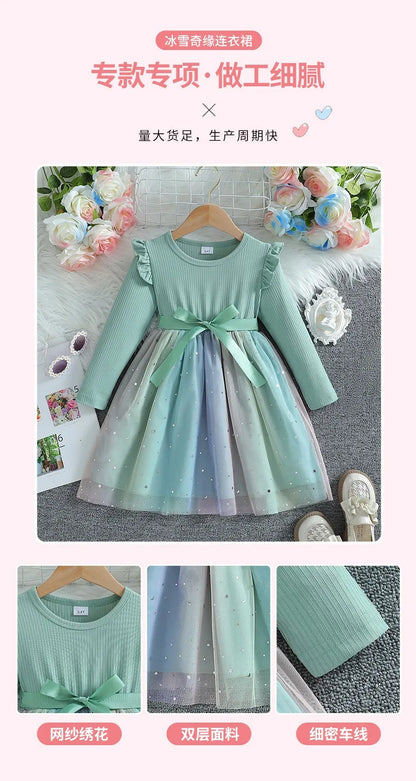 Girls Dress Blue Autumn Princess Dress Kids Clothes Birthday Party Dress Pink Long-sleeved for Children Fashion Rainbow 1-6Y
