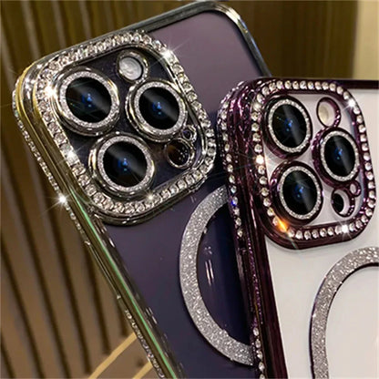 New Fashion Glitter Diamond Transparent Case For iPhone 16 15 14 13 17 12 Pro Max 16 Plus Magnetic Wireless Charge Bumper Cover