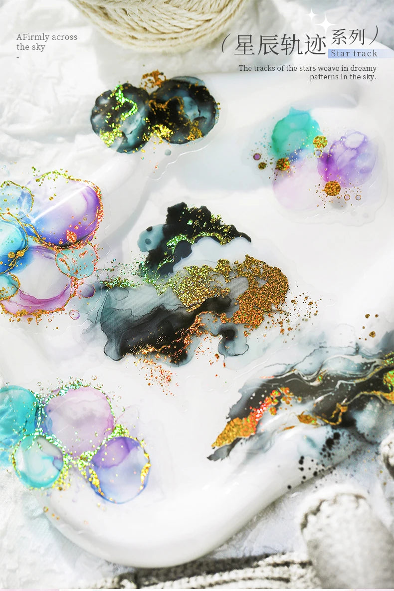 15 Pcs Creative Watercolor smudging hot stamping Stickers hand tent DIY Stick Labels Scrapbooking Material Junk Journal Supplies