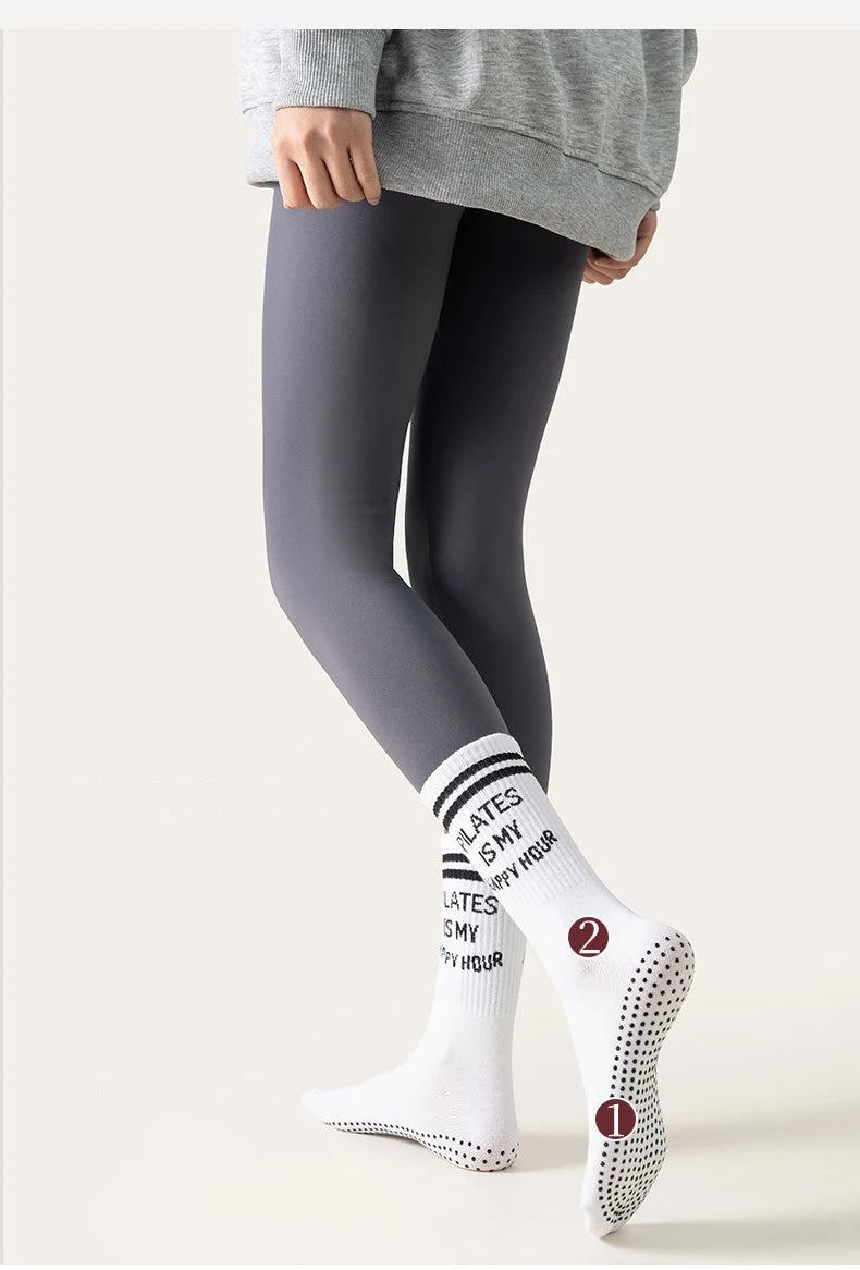 Yoga Socks Women Cotton Stripe Pile Silicone Non-slip Grip Pilates Crew Socks