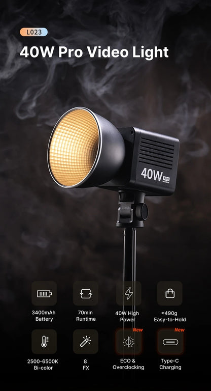 Ulanzi 40W Video Light COB Continuous Lighting Bowens Mount for Studio Video Tiktok Youtube Professional Led light photography