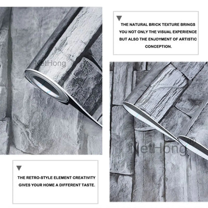 6M 3D Gray Stone Brick Effect Wallpaper Vinyl Self Adhesive Wall Stickers