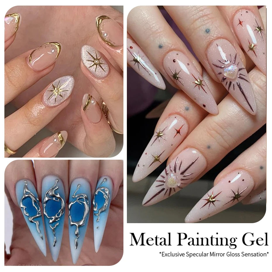 Metallic Painting Gel Chrome Gold Silver Rose Gold Mirror Effect Nail Polish Super Bright Drawing Line French Nail Art Varnish
