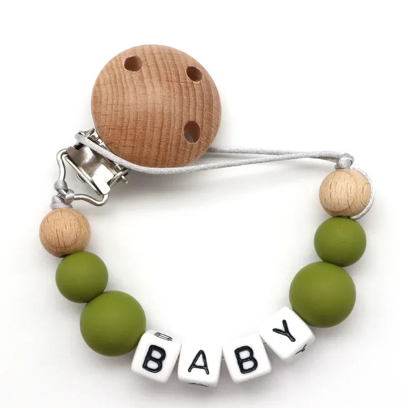 NEW Custom Personalized Name Pacifier Clip Handmade Beech Wooden Chain Silicone Crown Holder Soother Baby Teething Toy Chew Gift