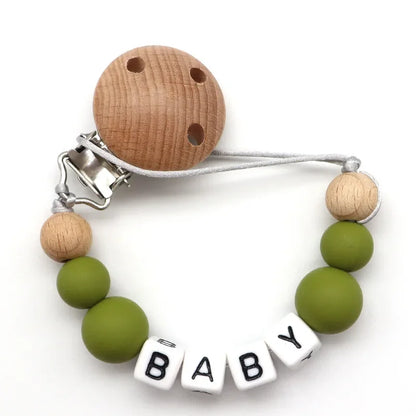 NEW Custom Personalized Name Pacifier Clip Handmade Beech Wooden Chain Silicone Crown Holder Soother Baby Teething Toy Chew Gift