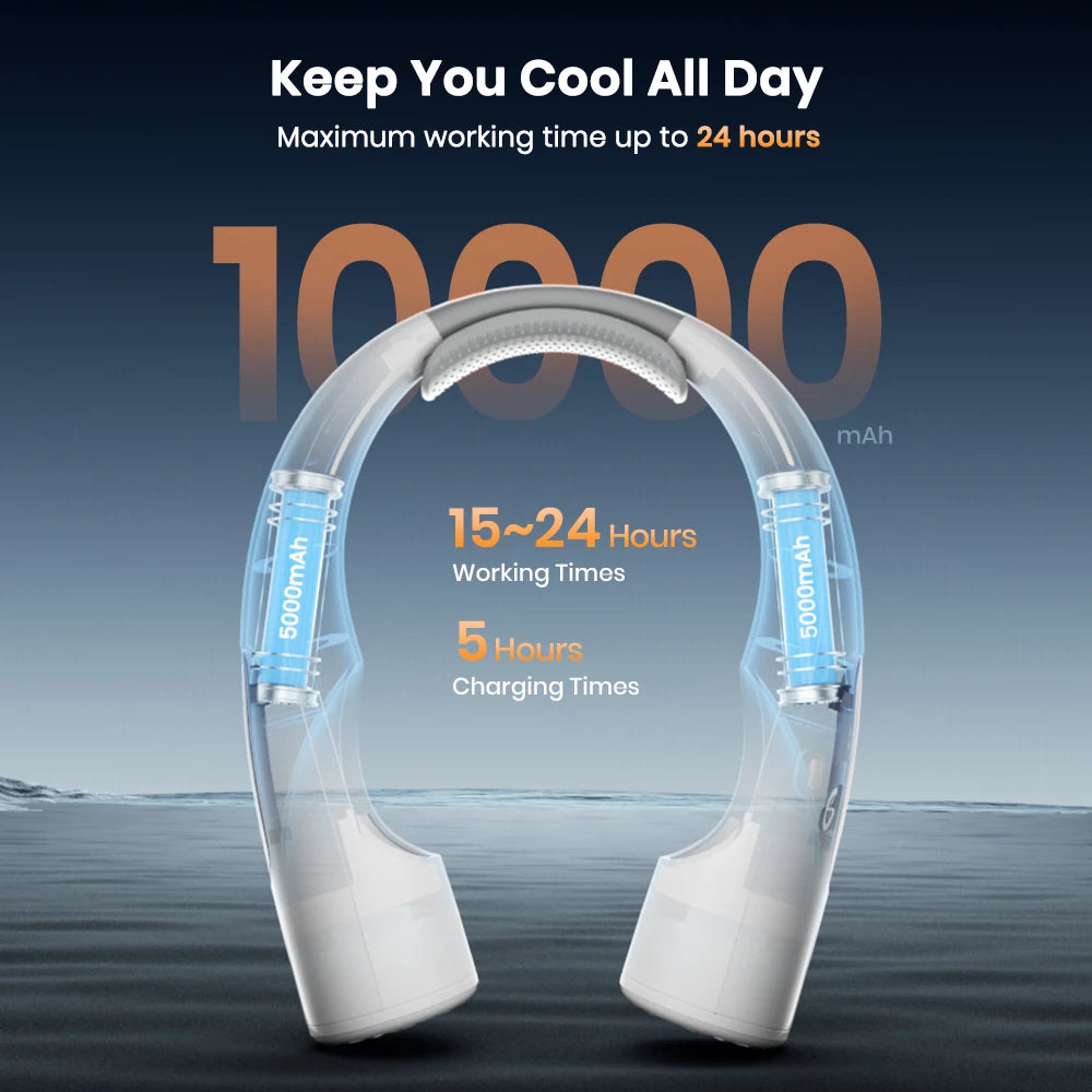 Warmco 10000mAh Portable Neck Fan 4-Speed Rechargeable Personal Fan 360° Cooling, 24H Runtime Wearable Fan for Office/Gym/Travel