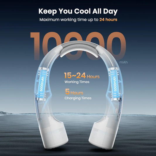 Warmco 10000mAh Portable Neck Fan 4-Speed Rechargeable Personal Fan 360° Cooling, 24H Runtime Wearable Fan for Office/Gym/Travel