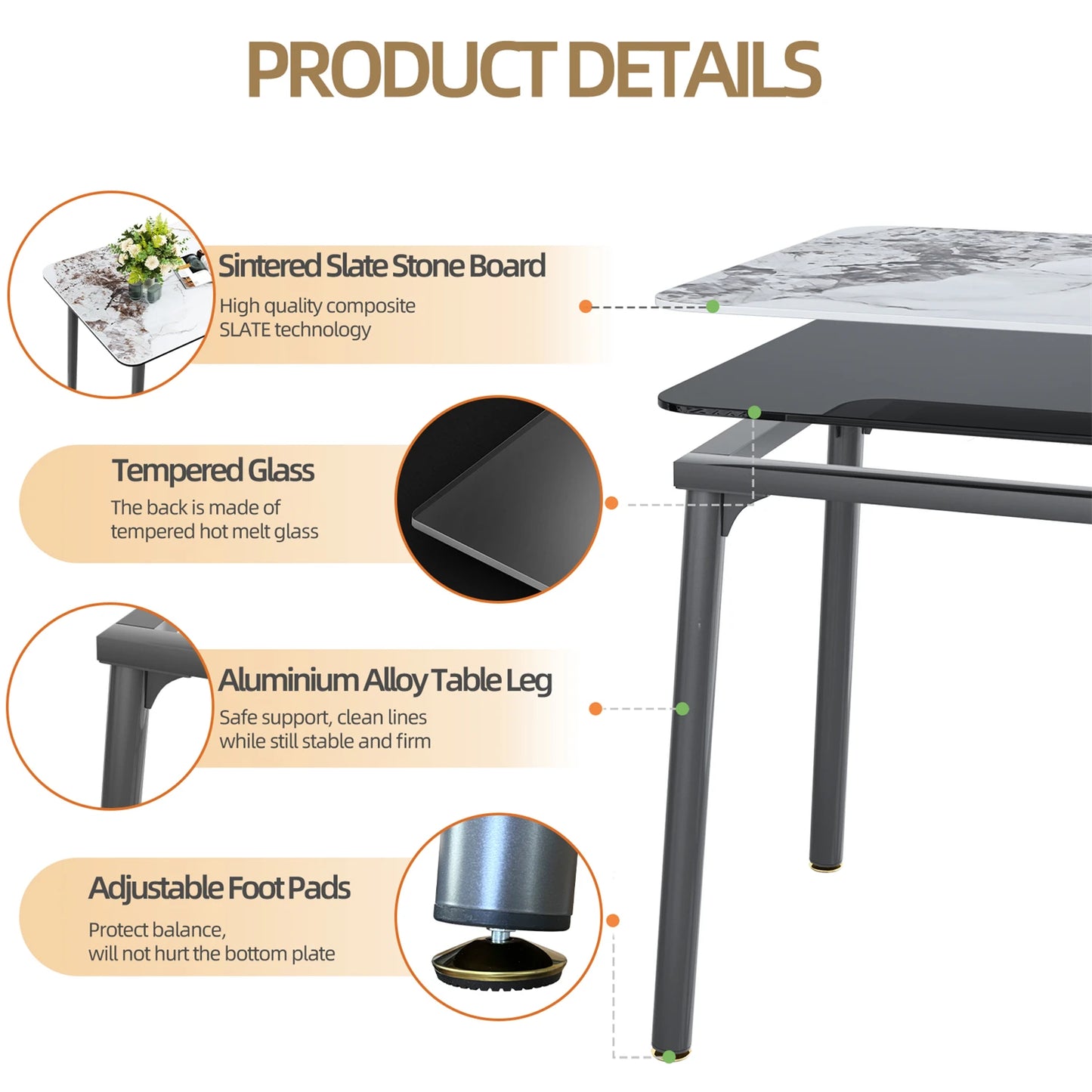 Ink Texture Sintered Stone & Glass Top Kitchen Dining Table No Chairs Rectangle Slate Dinner Table for Restaurant Cafe 1.4/1.6M