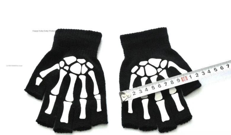 1pair New 5-11T Kids Halloween Skeleton Skull Half Finger Luminous Punk Gloves Winter Skull Fingerless Black Mitten