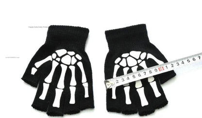 1pair New 5-11T Kids Halloween Skeleton Skull Half Finger Luminous Punk Gloves Winter Skull Fingerless Black Mitten