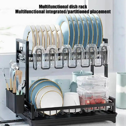 2 Tier Kitchen Sink Dish Drainer Rack With Drip Tray Cutlery Holder Plate Rack**