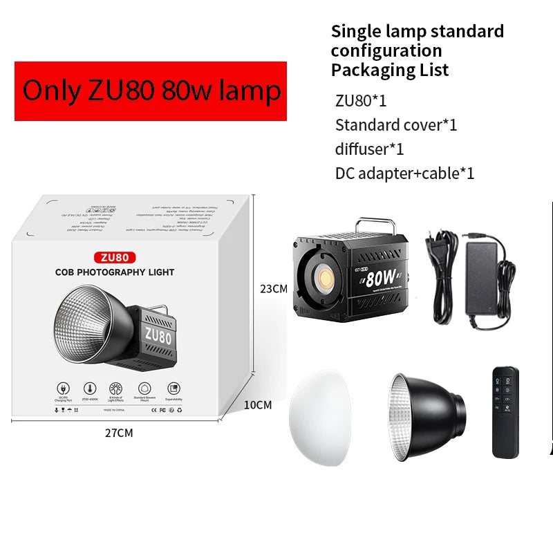 ZU80/ZU60 Photo Studio Light COB Bi-Color 2500-8500K CRI≥95 TLCI≥97 With Diffuser LED Video Lights Fill Lighting
