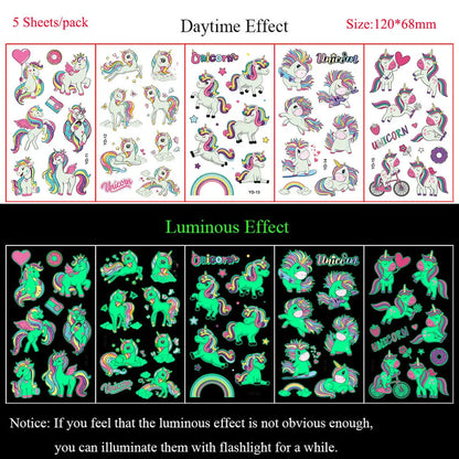 5 Sheets Luminous Tattoo Stickers Colorful Animal Mermaid Dinosaur Temporary Tattoos for Hand  Body Fake Tattoo Waterproof