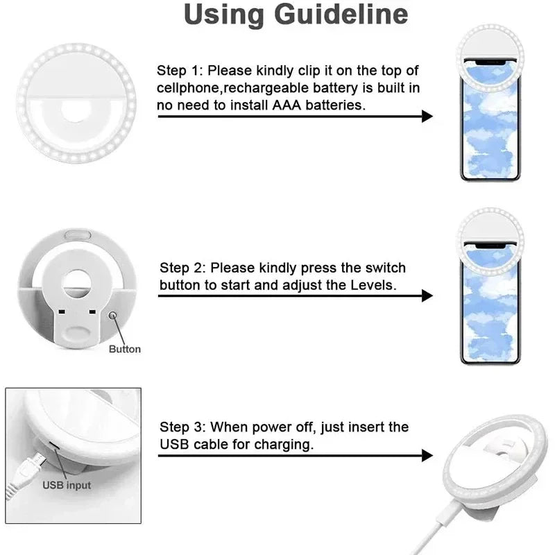 Led Selfie Ring Light Portable USB Charge Phone Lens Lamp Mobile Phone Live Broadcast Video Selfie Fill Light for All Smartphone