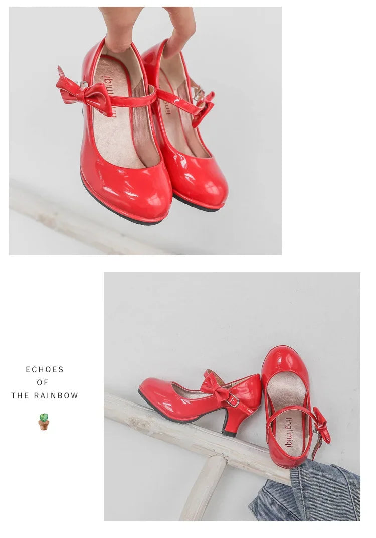 Girls High Heel Party Shoes - Glossy Bow Princess Dress Shoes for Kids