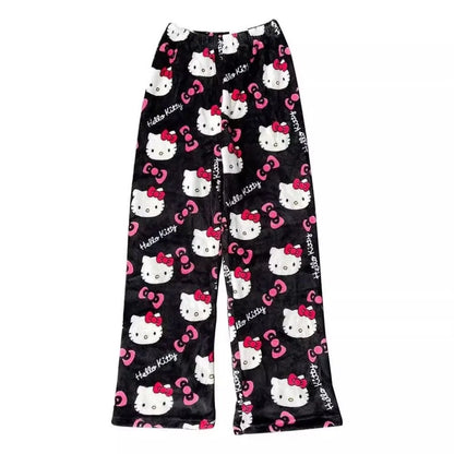 Halloween Cartoon Hello Kitty Flannel Pajamas Women's Autumn and Winter Plus Velvet Warm Casual Home Graffiti Pants