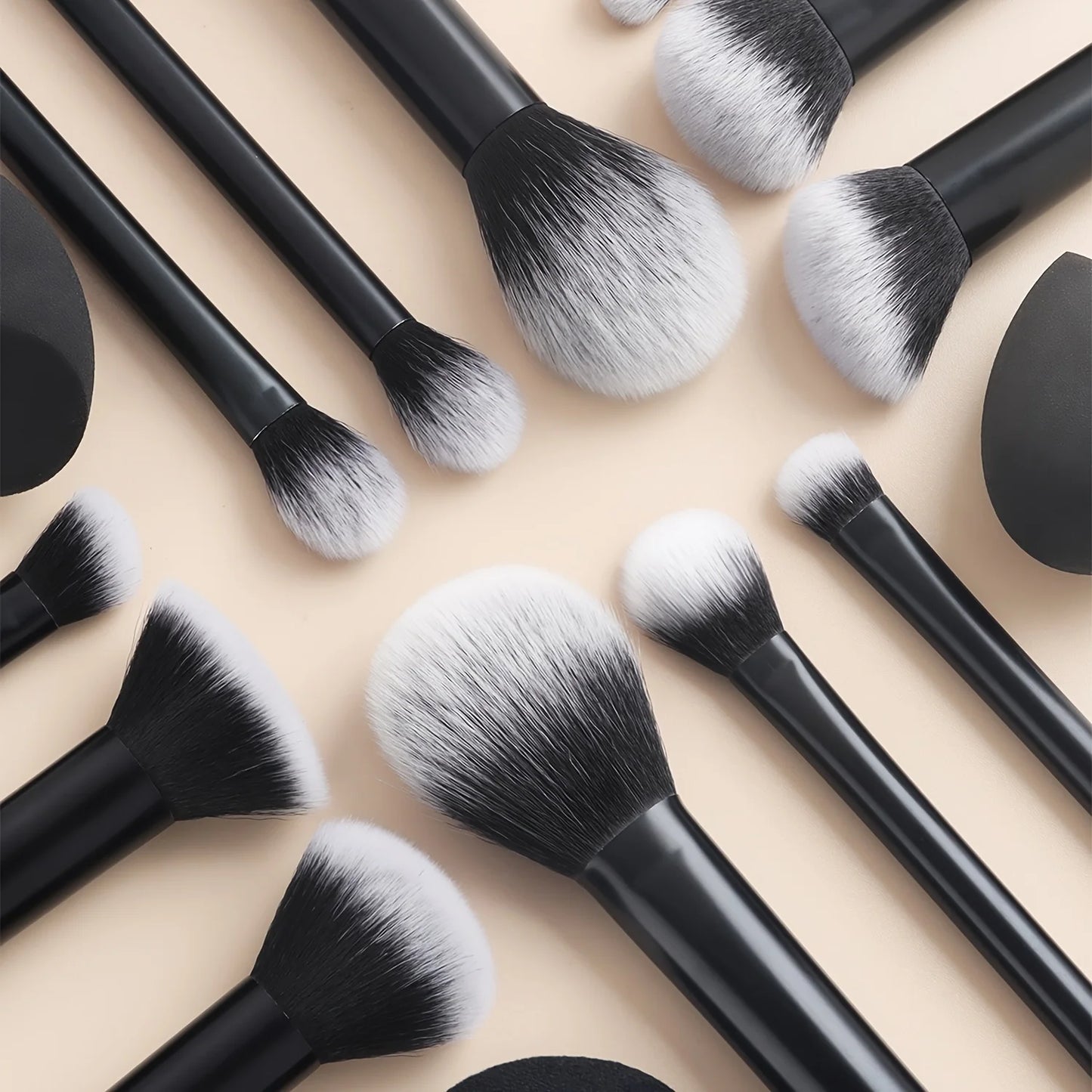 12-Piece Classic Full Makeup Brush Set with Angled and Teardrop Blenders, 1 Powder Puff - Professional Application Tools, Nylon