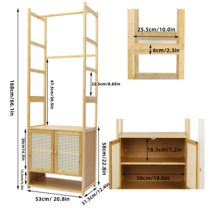 Bamboo Garment Rack, Heavy Duty Coat Stand, Wardrobe with 3 Storage Shelves, Shoe Shelf